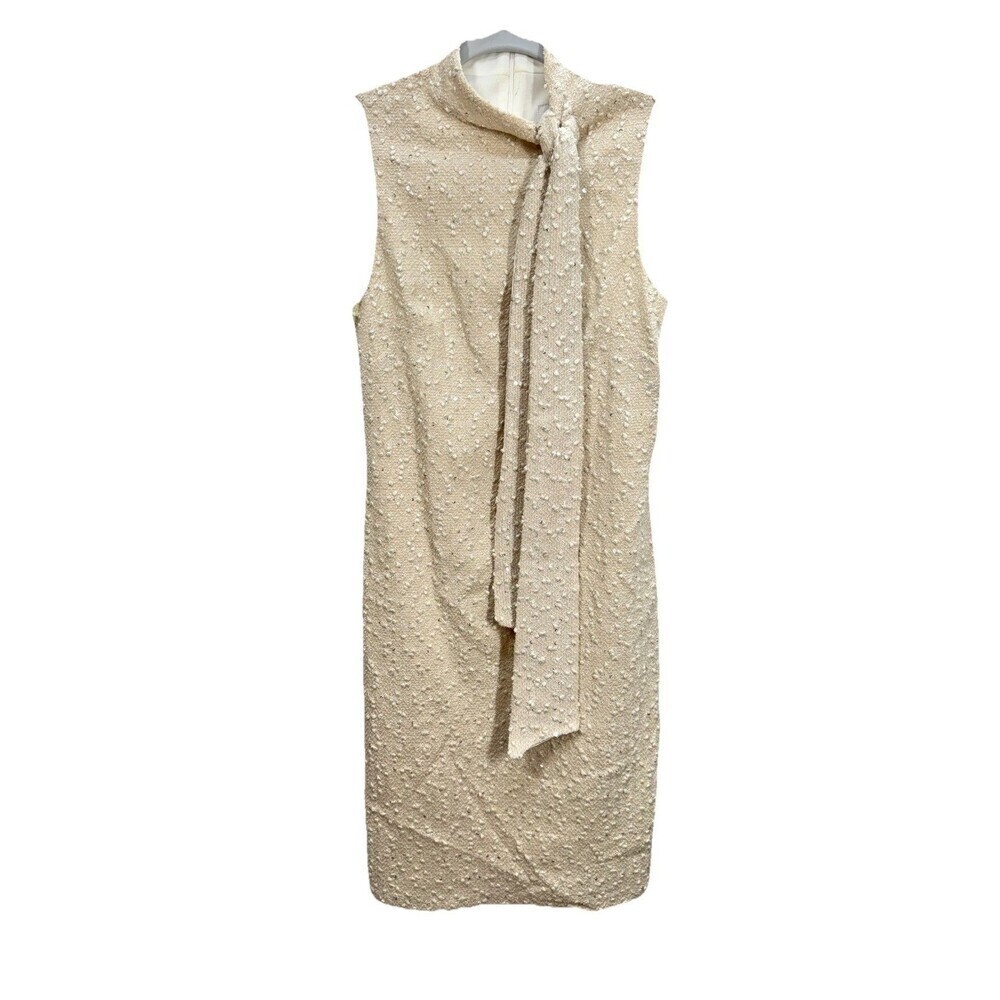 Joseph Ribkoff Textured Sequin Dress + Bolero Jacket Set Size 4 Ivory Bow Sash